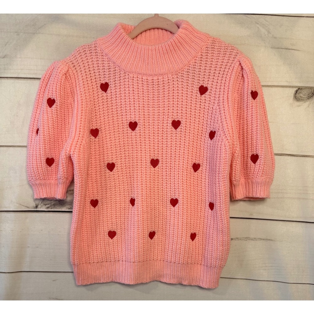 English Factory Pink Knit‎ Mock Neck Puff Sleeve Sweater Red Hearts Size L